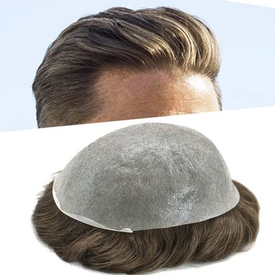 Healthlif Mens Toupee European Remy Human Hair Piece For Men V-looped Hair System For Men Ultra Thin Skin Toupee For Men Hairpiece Toupee 8X10#420#4 Medium Brown+20% Grey 80% Density
