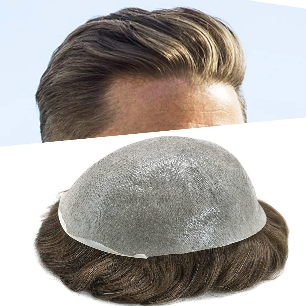 Healthlif Mens Toupee European Remy Human Hair Piece For Men V-looped Hair System For Men Ultra Thin Skin Toupee For Men Hairpiece Toupee 8X10#420#4 Medium Brown+20% Grey 80% Density