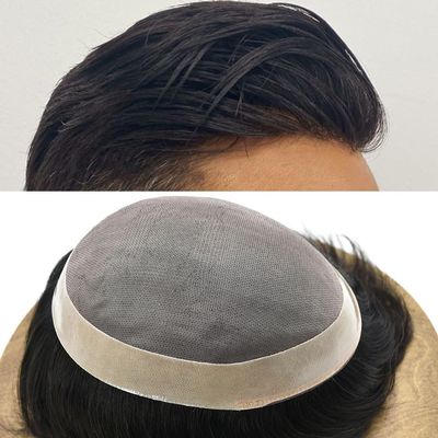 Mens Toupee Human Hair Fine Mono Poly Coated Mens Hairpiece Durable NPU Monofilament Toupee for Men Hair Replacement System Mens Hair Pieces Protesis Capilar 7X9 1B# OFF BLACK-110% density