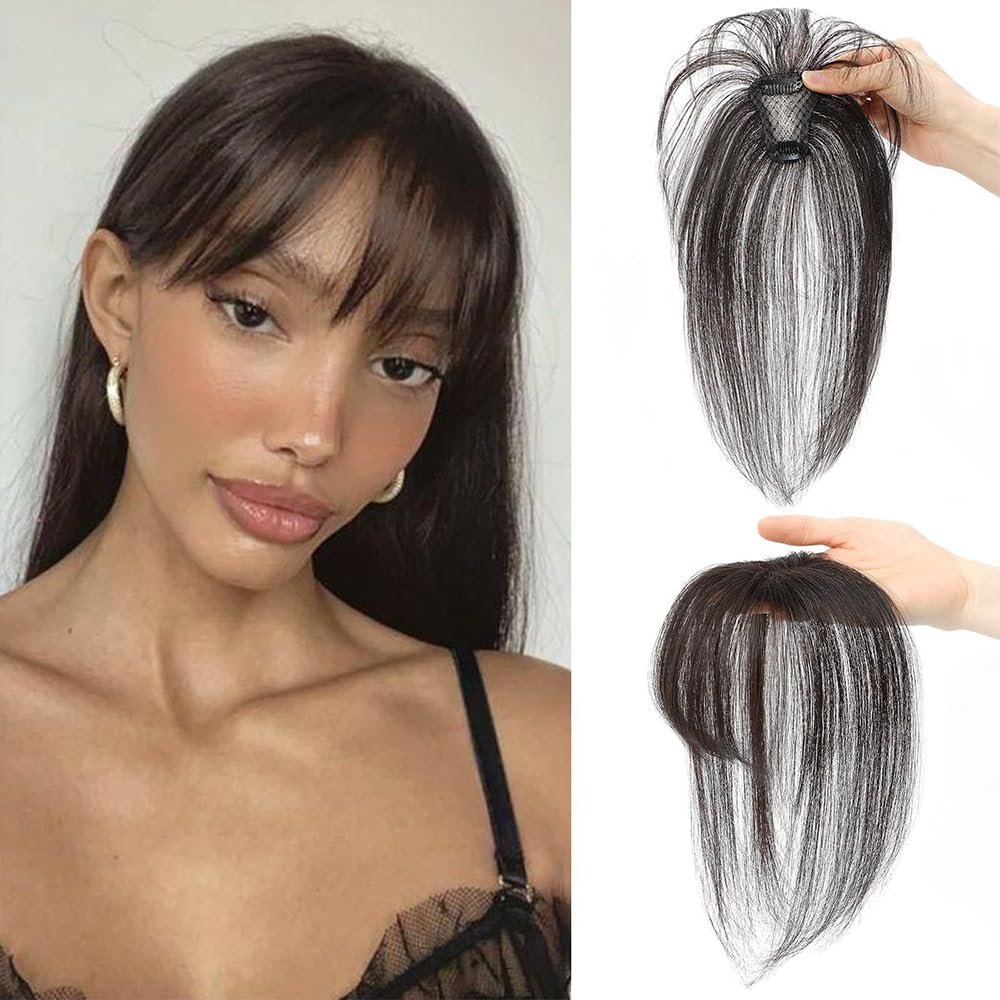 100% Human Hair Bangs Clip in Hair Extensions, Clip on Bangs Wispy Bangs Fringe with Temples Hairpieces for Women Curved Bangs for Daily Wear,360 3D Cover Clip in Bangs (Black Oak)