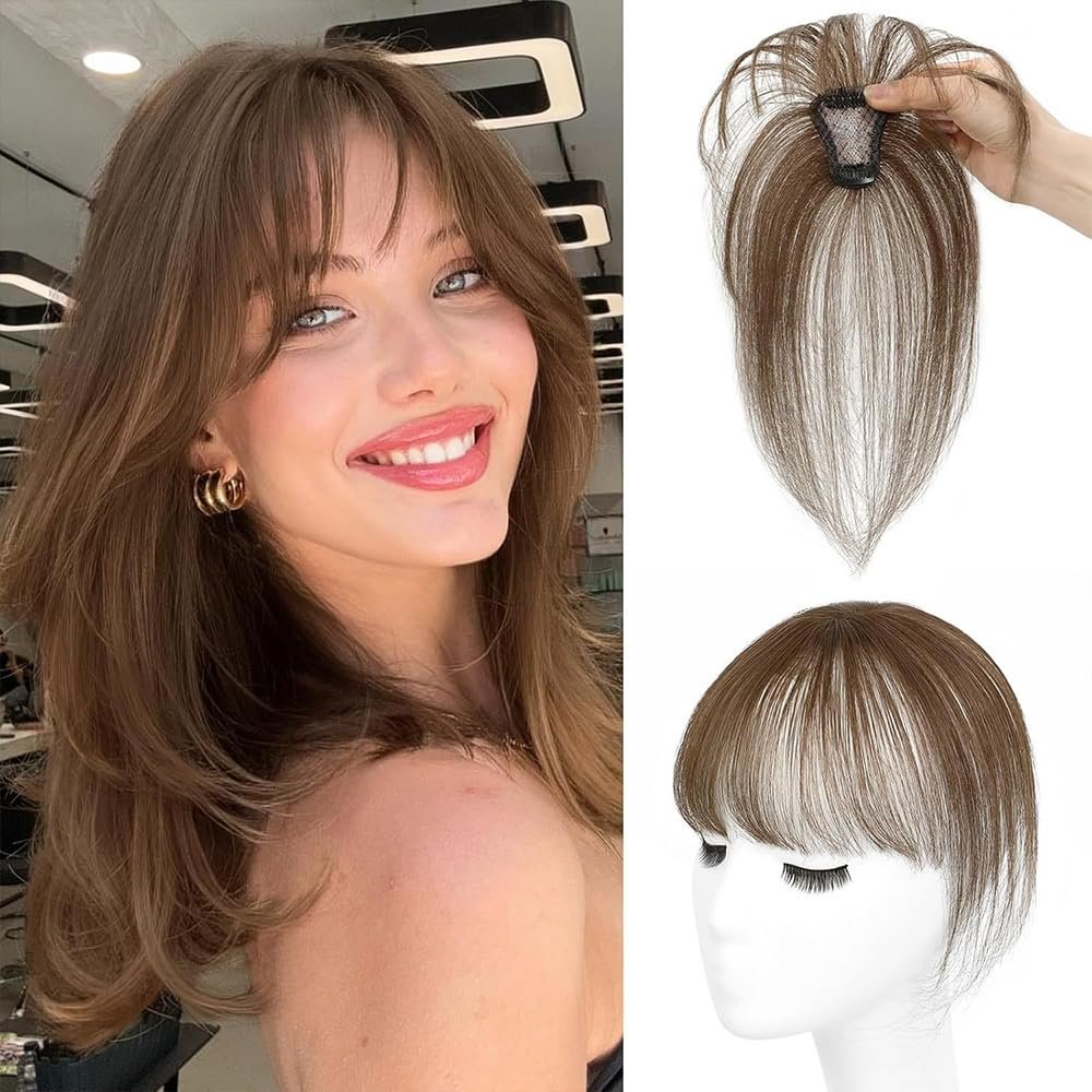 100% Human Hair Bangs Clip in Hair Extensions, Clip on Bangs Wispy Bangs Fringe with Temples Hairpieces for Women Curved Bangs for Daily Wear,360 3D Cover Clip in Bangs (Brown)
