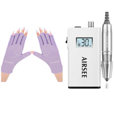 AIRSEE UV Gloves for Nail Lamp,Professional UPF50+ UV Protection Gloves for Manicures Nail Art Rechargeable 30000RPM Electric Nail Drill Professional Portable E File Machine for Acrylic Nail