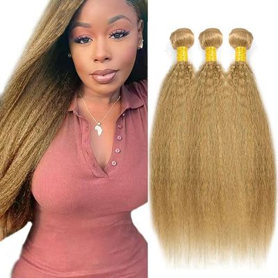 Peenoll 08 10 12 Inch Bundles Human Hair Yaki Wave Human Hair 3 Bundles Honey Blonde Color 27 12A Unprocessed Brazilian Virgin Weave Bundles for Black Women