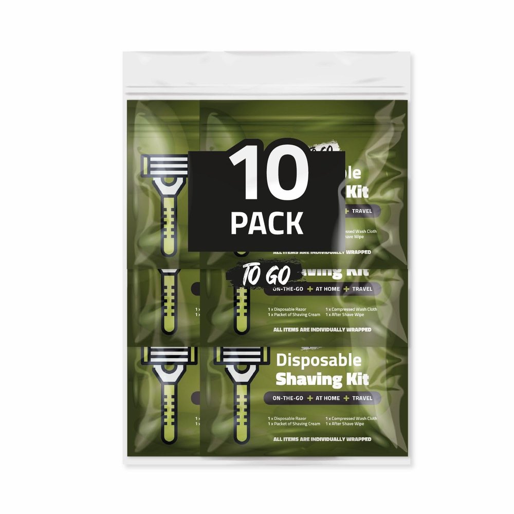 Disposable Compact Shaving Kit (10 Pack) - with Razor, Shaving Cream, Washcloth, and Aftershave Wipe  Travel Ready Grooming Essentials - Perfect Personal Shave Kit or Charity Gift Set (Green)