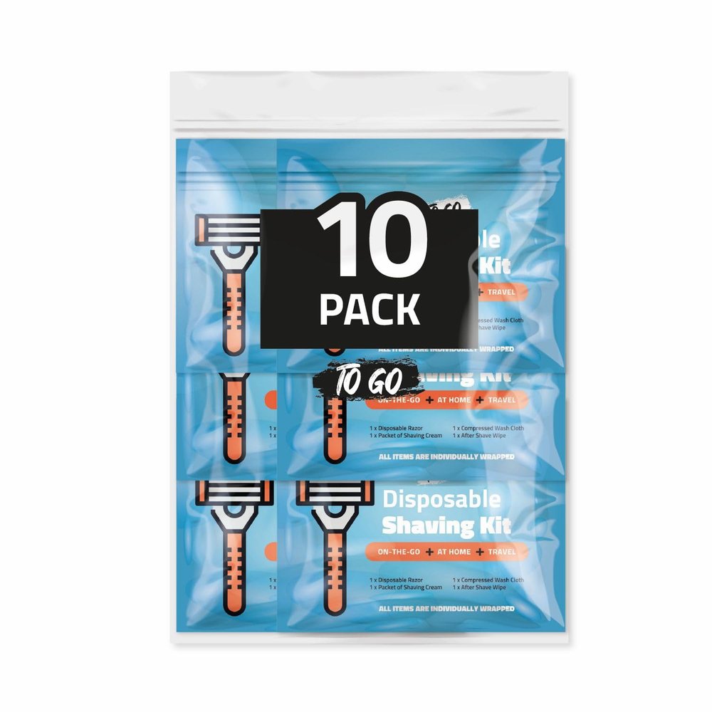 Disposable Compact Shaving Kit (10 Pack) - with Razor, Shaving Cream, Washcloth, and Aftershave Wipe  Travel Ready Grooming Essentials - Perfect Personal Shave Kit or Charity Gift Set (Blue)