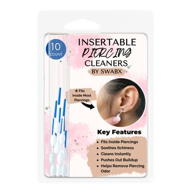 Insertable Piercing Cleaner Sturdy Tips Push Out Gunk, Odors; Clean in Seconds Multiple Piercings. Soothe Irritation One Swipe Right Through Easy Use for Maintaining Piercings By SWABX - 10 Count
