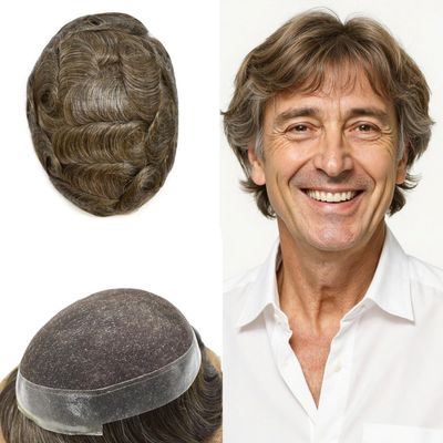 Hair Wonders Mens Hairpiece Human Hair Swiss Lace Hair System for Men Toupee Replacement Systems Natural Looking Toupee for Men 7X9#520#5 Medium Light Brown+20% Grey 100% Light Medium Density