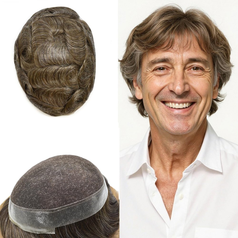 Hair Wonders Mens Hairpiece Human Hair Swiss Lace Hair System for Men Toupee Replacement Systems Natural Looking Toupee for Men 7X9#520#5 Medium Light Brown+20% Grey 100% Light Medium Density