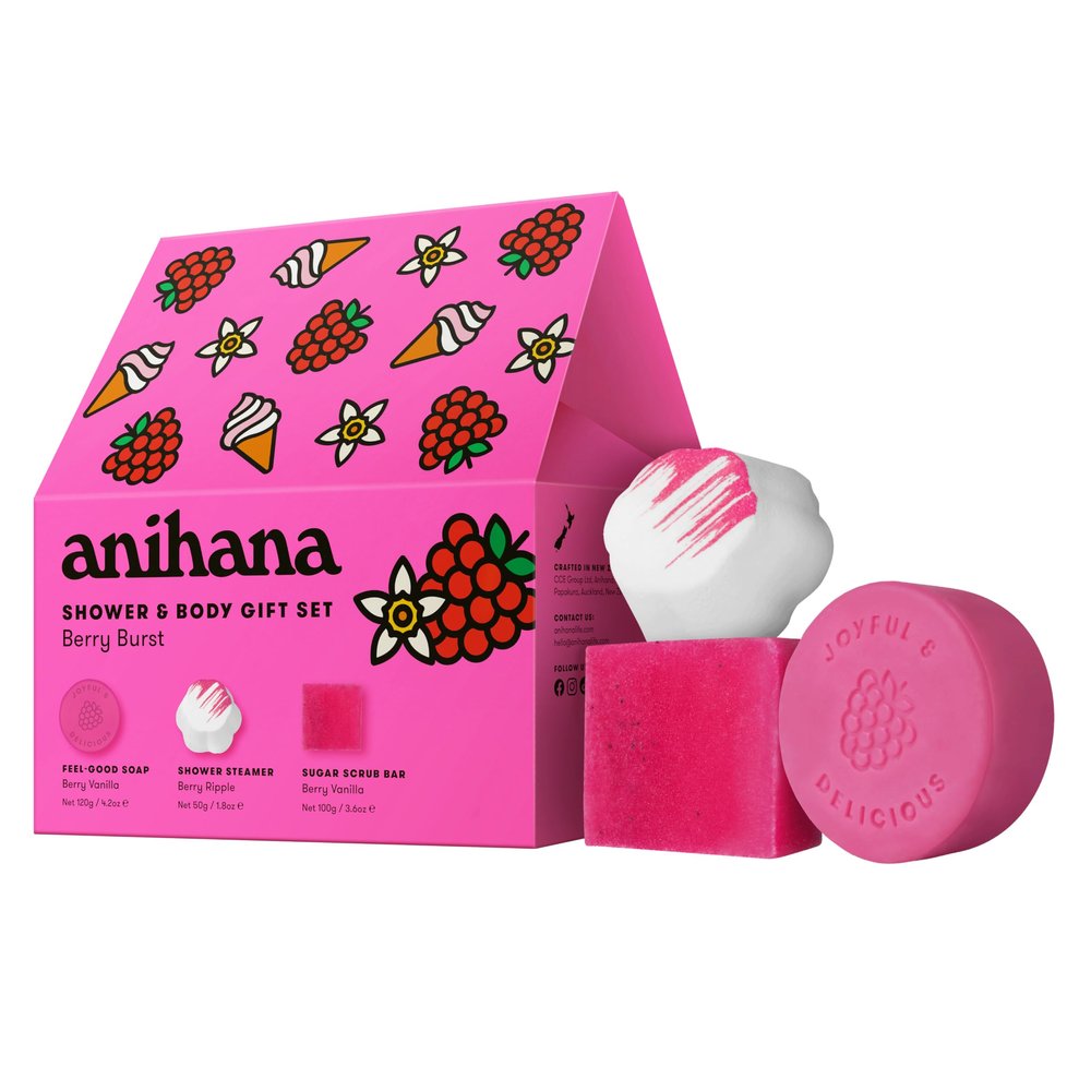 ANIHANA Berry Burst Shower & Body Gift Set with Shower Steamer, Body Scrub Bar, and Feel-Good Soap