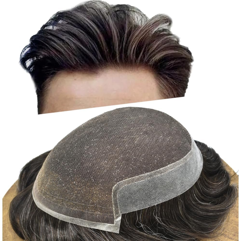Hair Wonders Hair System for Men Swiss Lace Hairpiece for Men Toupee Real Natural Human Hair Lace Front Mens Hair System 6X8#210#2 Darkest Brown+10% Grey 80% Light Density