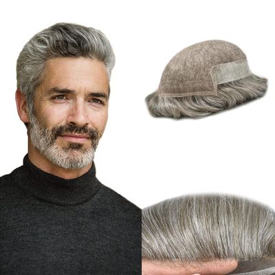 Hair Wonders Hair System for Men Swiss Lace Hairpiece for Men Toupee Real Natural Human Hair Lace Front Mens Hair System 6X9#580#5 Medium Light Brown+80% Grey 80% Light Density