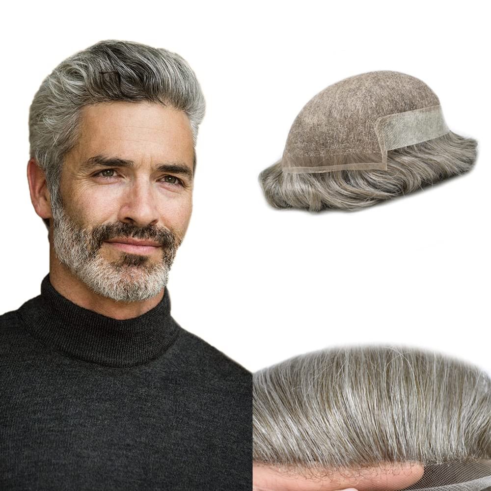 Hair Wonders Hair System for Men Swiss Lace Hairpiece for Men Toupee Real Natural Human Hair Lace Front Mens Hair System 6X9#580#5 Medium Light Brown+80% Grey 80% Light Density