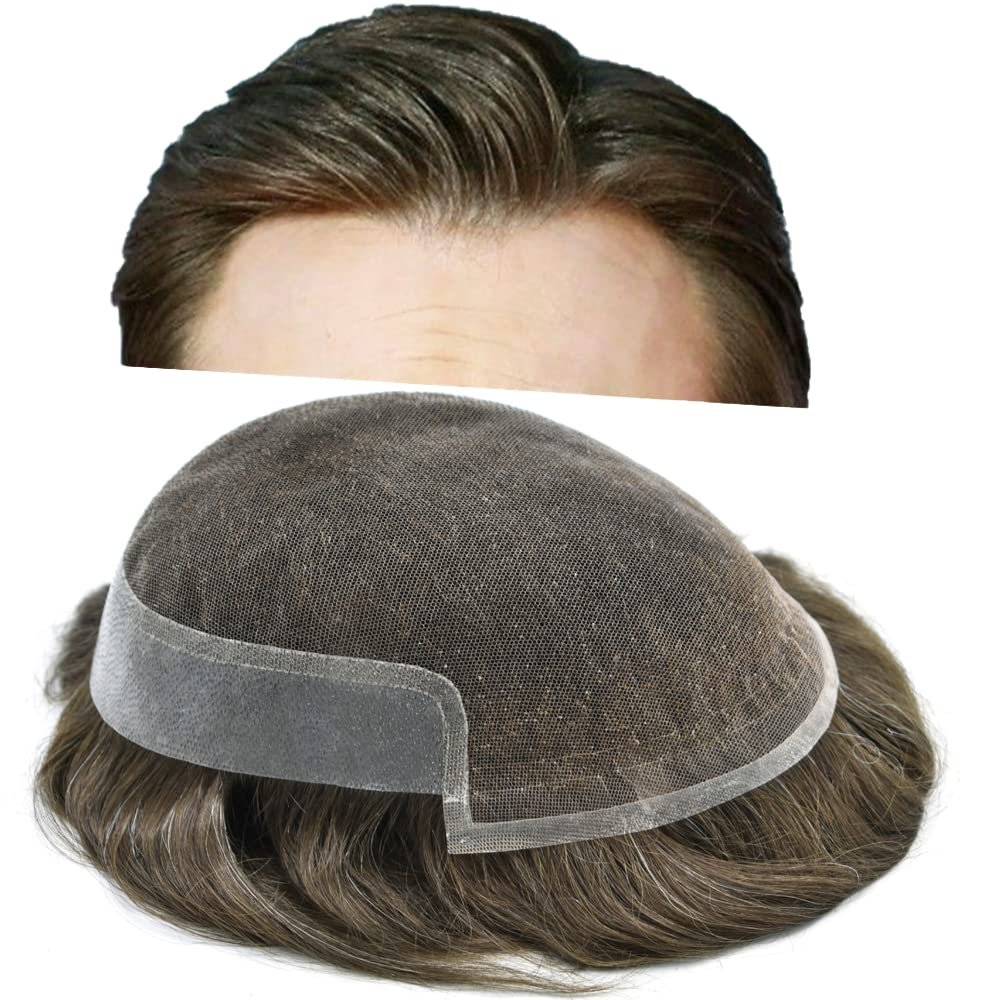 Hair Wonders Hair System for Men Swiss Lace Hairpiece for Men Toupee Real Natural Human Hair Lace Front Mens Hair System 6X9#6 Light Brown 100% Light Medium Density