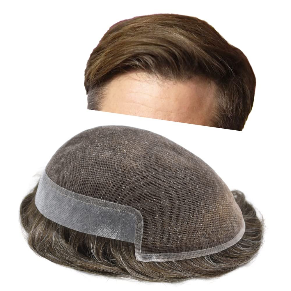 Hair Wonders Hair System for Men Swiss Lace Hairpiece for Men Toupee Real Natural Human Hair Lace Front Mens Hair System 7X9#620#6 Light Brown+20% Grey 110% Light Medium Density