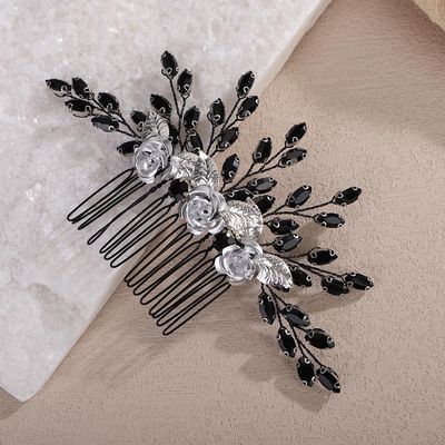 Teyglen Gothic Black Rhinestone Headpiece Vintage Flower Wedding Hair Comb Crystal Bridal Side Comb Flower Leaf Hair Piece Hair Accessories Jewelry for Women (Black)