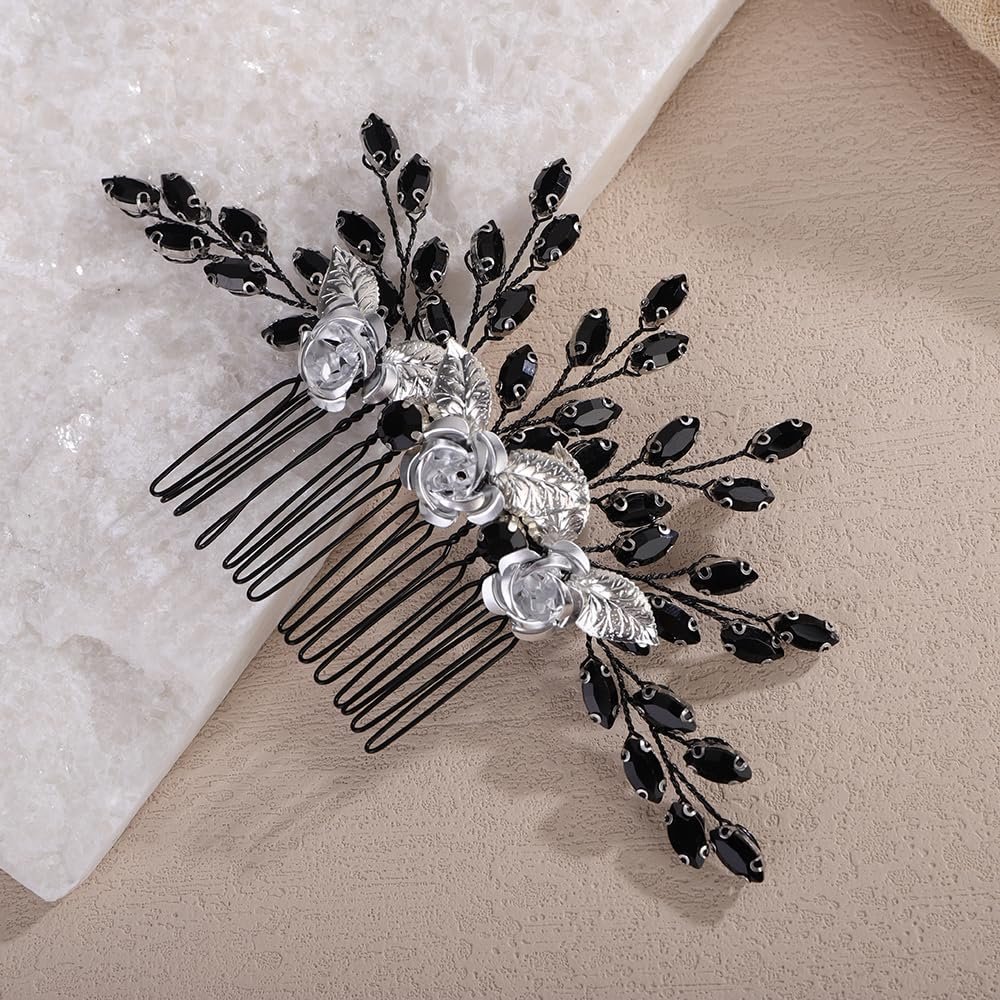 Teyglen Gothic Black Rhinestone Headpiece Vintage Flower Wedding Hair Comb Crystal Bridal Side Comb Flower Leaf Hair Piece Hair Accessories Jewelry for Women (Black)