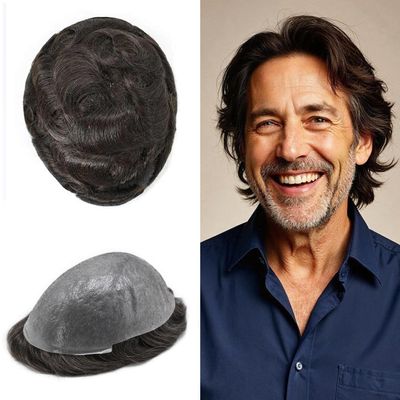 Healthlif Toupee For Men Hair System Replacement Mens Toupee Human Hair All V-Looped Poly PU 0.04mm Ultra Thin Skin Mens Hair Pieces8x10 Medium light density #210 2# DARKEST BROWN+10% GREY