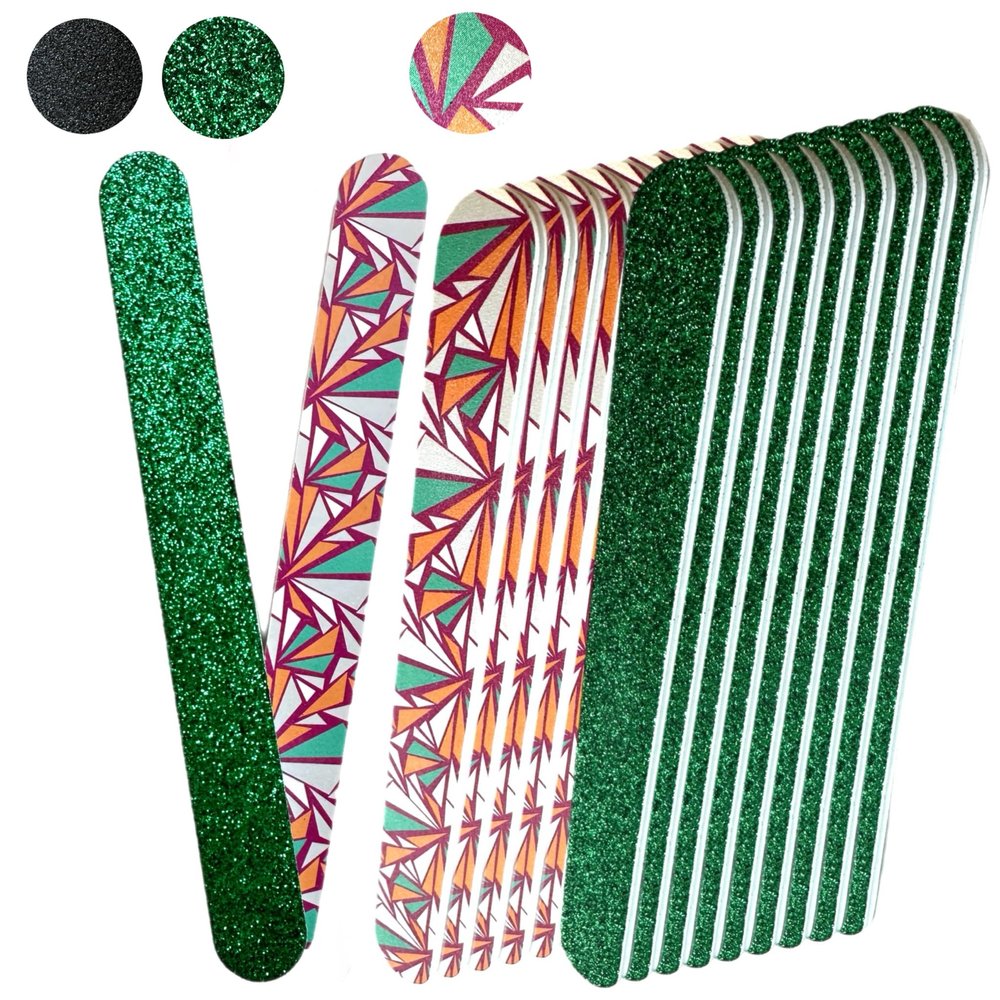 20 pc ALAZCO Premium Nail Files Coarse & Medium Grit Professionals & DIY Washable Emery Boards for Natural Acrylic Gel Press-On Nails Travel TSA Friendly Colorful Pattern/Black/Green Glitter