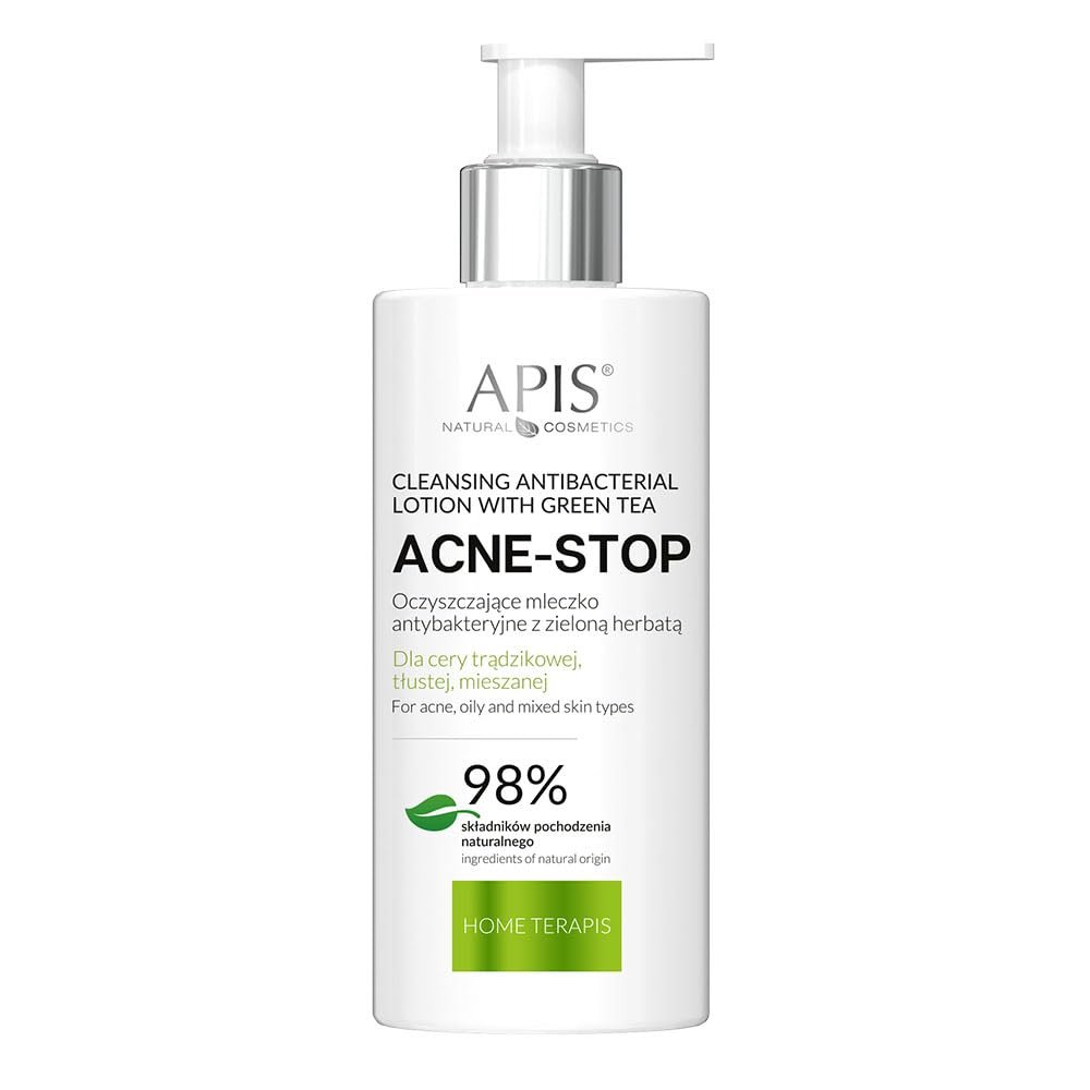 Apis Natural Cosmetics Acne-Stop Cleansing Milk with Green Tea Hydrating Face Cleanser & Makeup Remover Soothes Acne-Prone, Oily & Combination Skin with Aloe, Kiwi & Seaweed 300ml