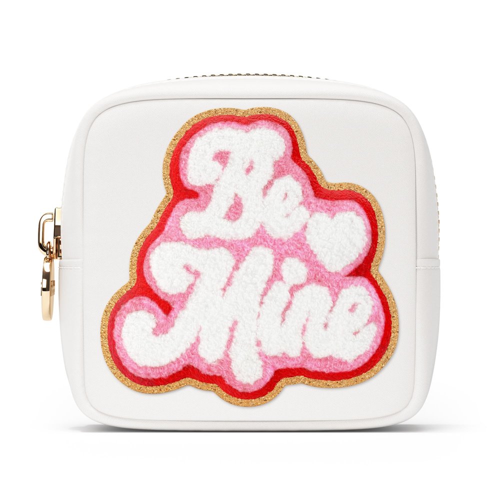 BE MINE Valentine Makeup Bag Travel Cosmetics Pouch and Toiletry Bag, Nylon Zipper Pouch Purse, Cute Make Up Organizer Storage Tote for Women Girls, Travel Skincare Case, Small Makeup Bags, White