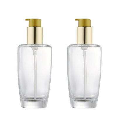 2Pcs 100ml/3.4oz Empty Clear Glass Lotion Pump Bottle with Gold Pump Top Portable Essential Oil Pump Dispensers Jars Vials Hair Conditioner Container for Makeup Emulsion Toner