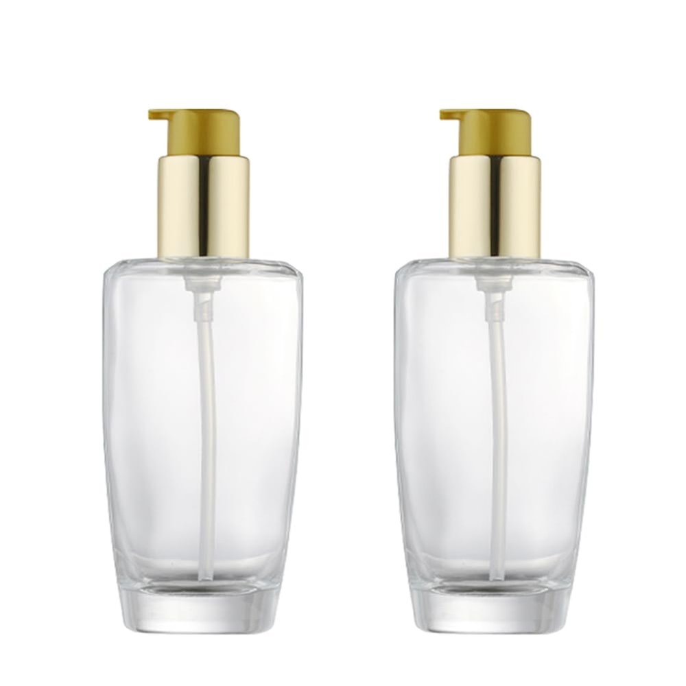2Pcs 100ml/3.4oz Empty Clear Glass Lotion Pump Bottle with Gold Pump Top Portable Essential Oil Pump Dispensers Jars Vials Hair Conditioner Container for Makeup Emulsion Toner