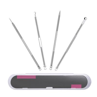 EKIND Acne Blackhead Pimple Remover Acne Tool for Face Nose, Stainless Steel Whitehead Pimple Extraction Tool 4 Piece Set, Premium Pimple Extractor Set with Acne Needles for Effective Skin Care