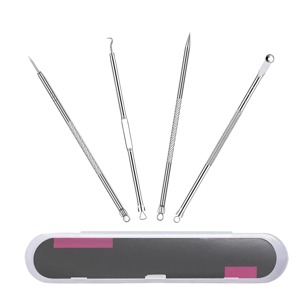 EKIND Acne Blackhead Pimple Remover Acne Tool for Face Nose, Stainless Steel Whitehead Pimple Extraction Tool 4 Piece Set, Premium Pimple Extractor Set with Acne Needles for Effective Skin Care