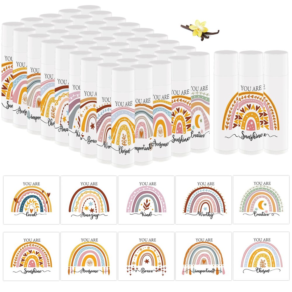 50 PCS Bohemian Rainbow Lip Balm Bulk Inspirational Words Appreciation Gift for Women Thank You Gifts Moisturizer Lips for Baby Shower Coworkers Friend Wedding Bridal Shower
