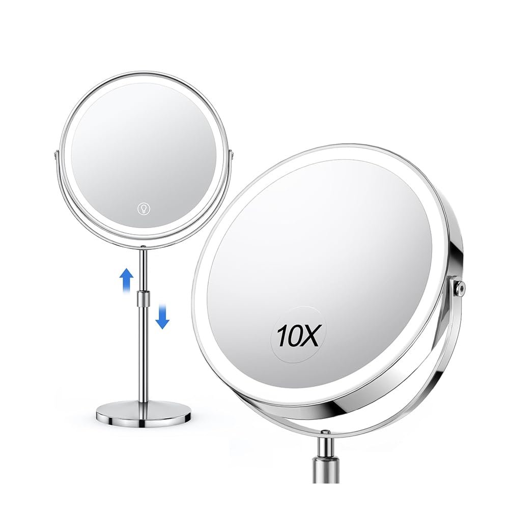 10x Large Lighted Makeup Mirror, 8.5" Large Rechargeable Vanity Mirror, Dimmable Touch Screen, 360 Rotation Doubl, Gift for Women