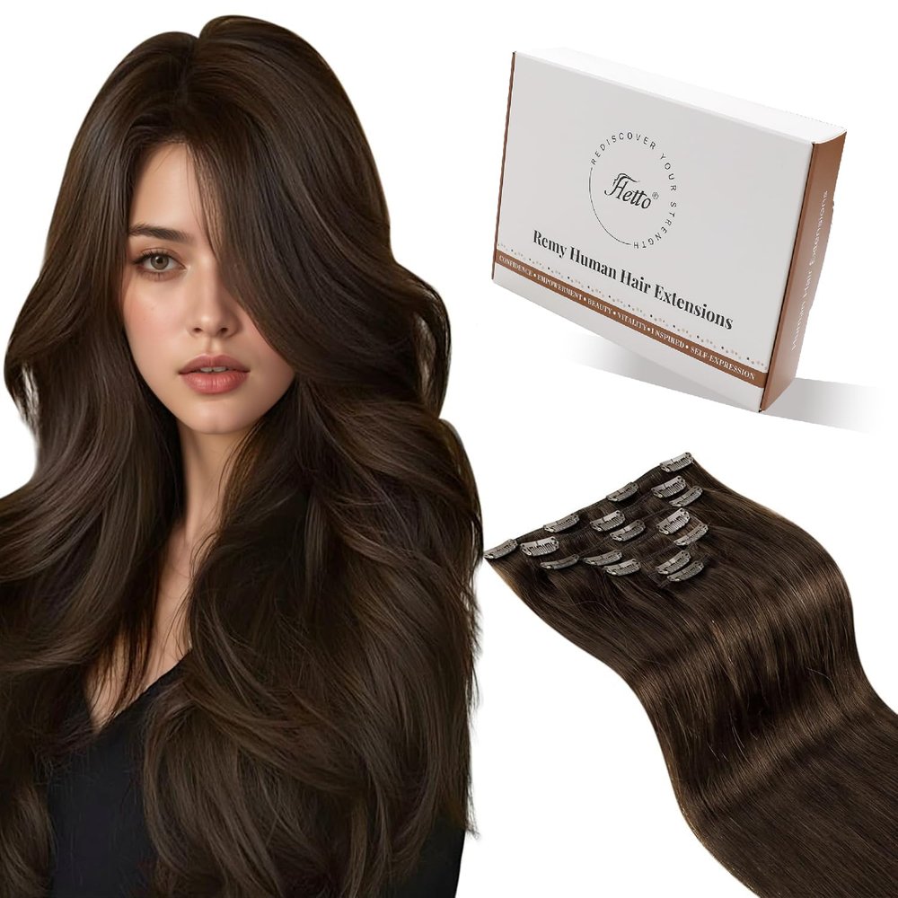 Hetto Clip in hair Extensions Real Hair Extensions Clipin Human Hair Double Weft Brown Clip Hair Extension Straight 16Inch 7pcs 120G