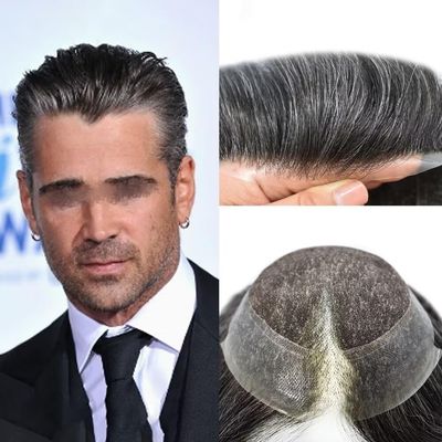 Mens Toupee Human Hair Piece French Lace+PU Toupee for Men Hair System V-looped PU Front Men Hair Replacement System Human Hair Unit for Men 6X9"-120% density#1B40 Off Black+40% Gray