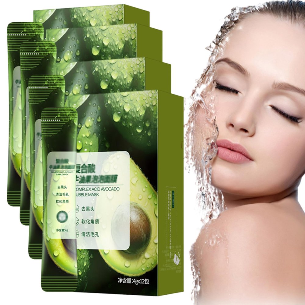 Avocado Face Mask,Complex Acid Avocado Cleansing Facial Bubble Mask,Avocado Bubble Mask,Deep Cleaning Essence Mud Mask,Complex Acid Avocado Cleansing Foam Mask (4PC)