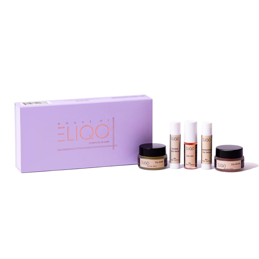 House of Eliqo Lip Care Set 5-Piece Routine with Lip Mask, Scrub, Lip Oil, Tinted & Unscented Balm Nourishing, Oil-Based Hydration