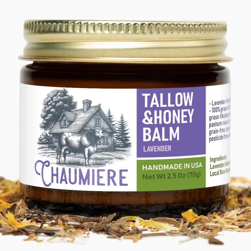 Chaumiere Herb Infused Organic Grass Fed Beef Tallow Honey Balm - Face Moisturizer with Raw Honey & Natural Herbs - Whipped Cream for Dry & Sensitive Skin - 2.5 oz (Lavender)