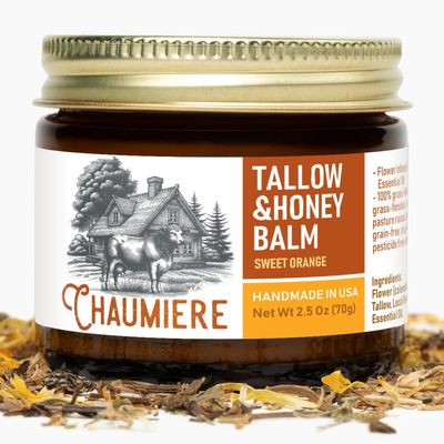 Chaumiere Herb Infused Organic Grass Fed Beef Tallow Honey Balm - Face Moisturizer with Raw Honey & Natural Herbs - Whipped Cream for Dry & Sensitive Skin - 2.5 oz (Sweet Orange)