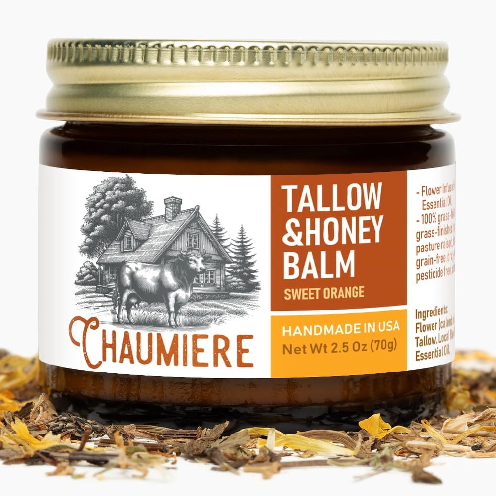 Chaumiere Herb Infused Organic Grass Fed Beef Tallow Honey Balm - Face Moisturizer with Raw Honey & Natural Herbs - Whipped Cream for Dry & Sensitive Skin - 2.5 oz (Sweet Orange)