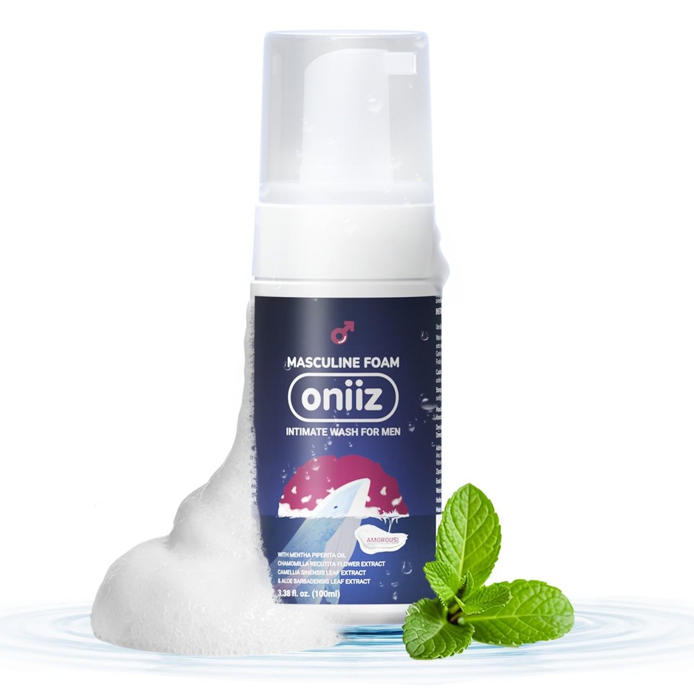 ONIIZ Masculine Foam Mens Intimate Wash for Odor & Sweat Control, pH Balanced Cleanser for Sensitive Skin with Aloe, Chamomile & Green Tea Amorous (Subtle Warm Scent), 3.38 fl oz