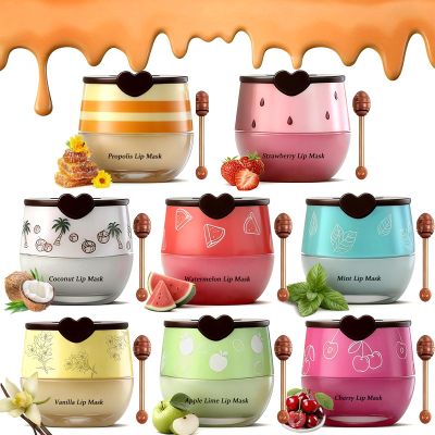 8PCS Bee Lip Balm Pot, Fruit Moisturizing Propolis Lip Mask, Lip Mask Overnight Moisturizing Lip Balm Hydrating Prevention Dry and Crack Lip Scrubs Exfoliator Lip Wrinkle Care Products (SET B)