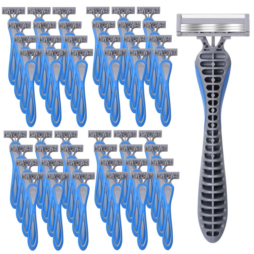 Leriton 60 Pcs Mens Disposable Razors Bulk 3 Blade Sensitive Skin Shaving Razor Long Blade for Hotel Spa Travel