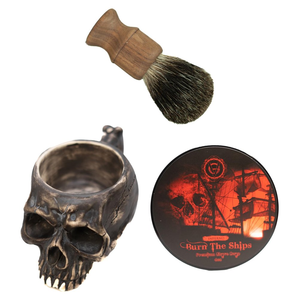 Burn The Ships Shaving Kit Shave Cream, Skull Lather Bowl, and Badger Bristle Shave Brush