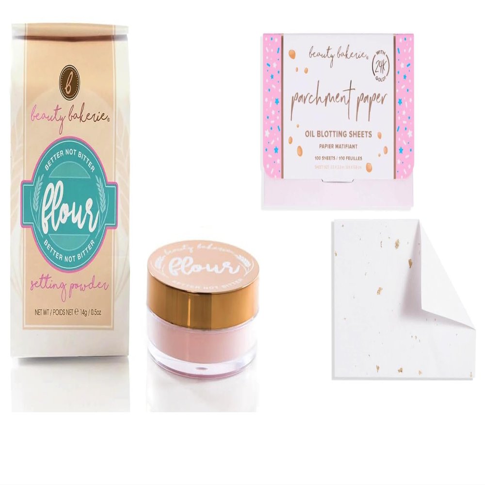 Beauty Bakerie Flour Setting Powder for Foundation, Loose Face Powder Makeup, 0.5oz, Himalayan (Pink) + Parchment Paper Oil Blotting Sheets for Face, Absorb Excess Oil, 100 Sheets, 2 Pack Bundle