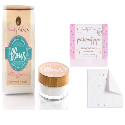 Beauty Bakerie Flour Setting Powder for Foundation, Loose Face Powder Makeup, 0.5oz, Rice (White) + Parchment Paper Oil Blotting Sheets for Face, Absorb Excess Oil, 100 Sheets, 2 Pack Bundle