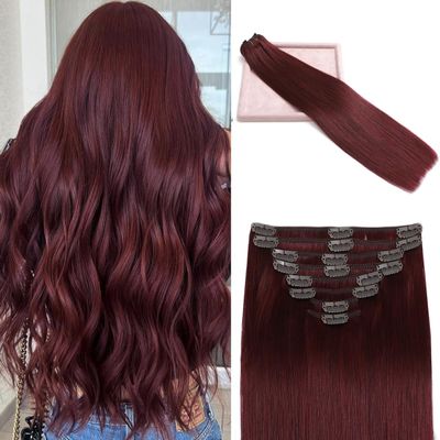 POGINJA Clip in Hair Extensions Real Human Hair, Red Wine Remy Human Hair Extensions Clip ins for Women, 100% Natural Human Hair, Double Weftm, 22inch 110g 8Pcs, #99J Burgundy