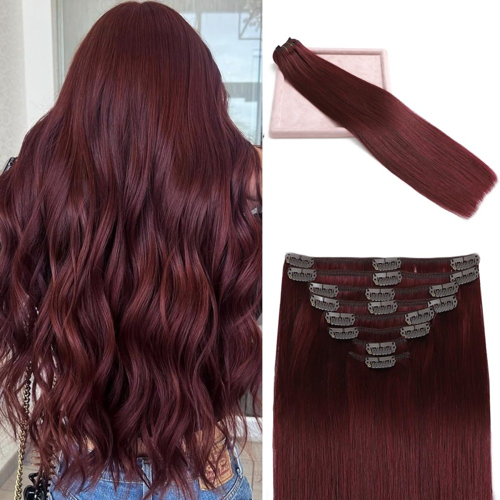 POGINJA Clip in Hair Extensions Real Human Hair, Red Wine Remy Human Hair Extensions Clip ins for Women, 100% Natural Human Hair, Double Weftm, 22inch 110g 8Pcs, #99J Burgundy