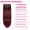 POGINJA Clip in Hair Extensions Real Human Hair, Red Wine Remy Human Hair Extensions Clip ins for Women, 100% Natural Human Hair, Double Weftm, 22inch 110g 8Pcs, #99J Burgundy view 2