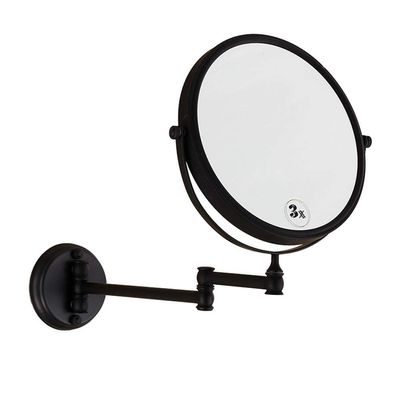 8 Inch Double-Sided Swivel Wall Mount Makeup Mirror, 360Swivel Extension Round Two-Side Retractable Bathroom Vanity Mirror 3X Magnification with Bronze Finish,Blacksquarebottom(Blackroundbottom)