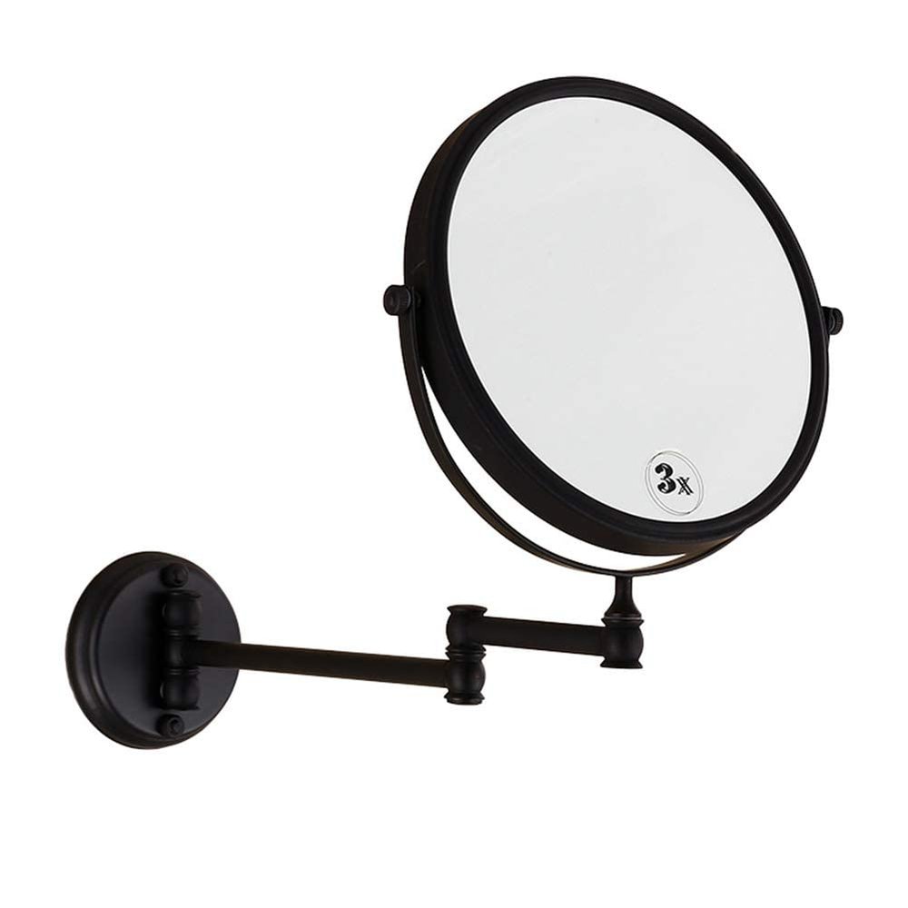 8 Inch Double-Sided Swivel Wall Mount Makeup Mirror, 360Swivel Extension Round Two-Side Retractable Bathroom Vanity Mirror 3X Magnification with Bronze Finish,Blacksquarebottom(Blackroundbottom)