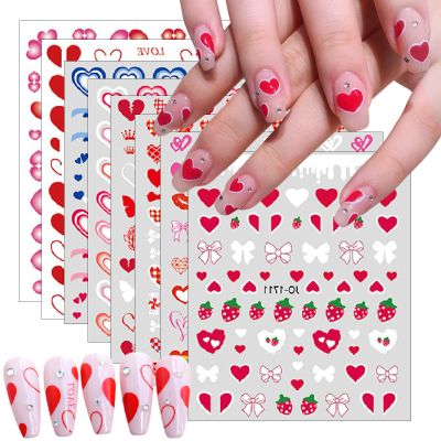 8 Sheets Valentine's Heart Nail Art Stickers Pink Plaid Heart Nail Decals 3D Self-Adhesive Bow Rose Nail Decals Stickers Strawberry Nail Supplies Nail Art for Women Nail Valentine's Decoration