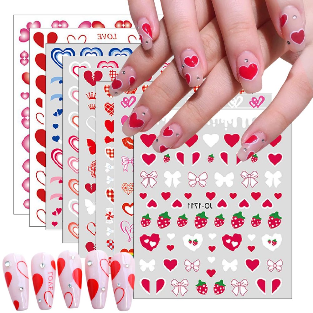 8 Sheets Valentine's Heart Nail Art Stickers Pink Plaid Heart Nail Decals 3D Self-Adhesive Bow Rose Nail Decals Stickers Strawberry Nail Supplies Nail Art for Women Nail Valentine's Decoration